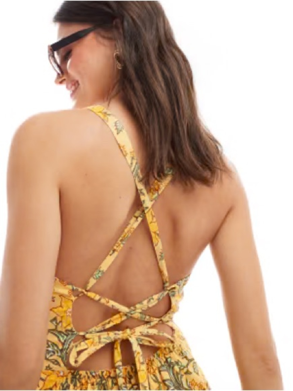 Mango Halter Neck Lace-Up Back Tiered Floral Maxi Dress in Yellow - Picture 4 of 13